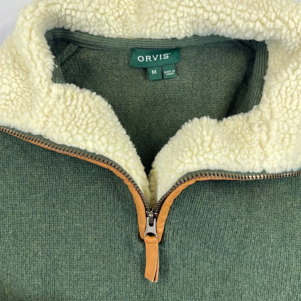 Orvis Quarter Zip Sherpa Collar Lambswool Sweater Size M Green Leather Trim Fall